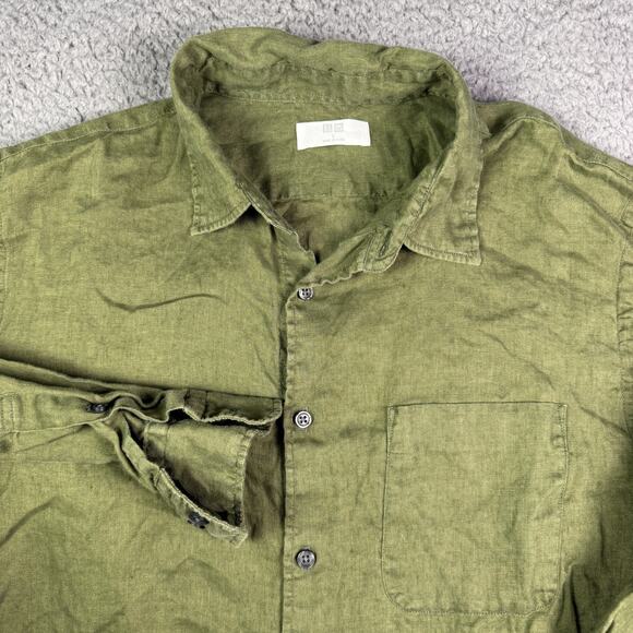 Uniqlo Shirt Mens L Green 100% Linen Button Up Long Sleeve Lightweight Pocket - Picture 1 of 8